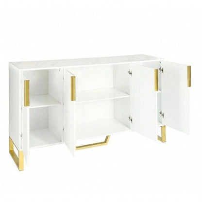 Modern sideboard with Four Doors, Metal handles and Adjustable Shelves Kitchen Cabinet White