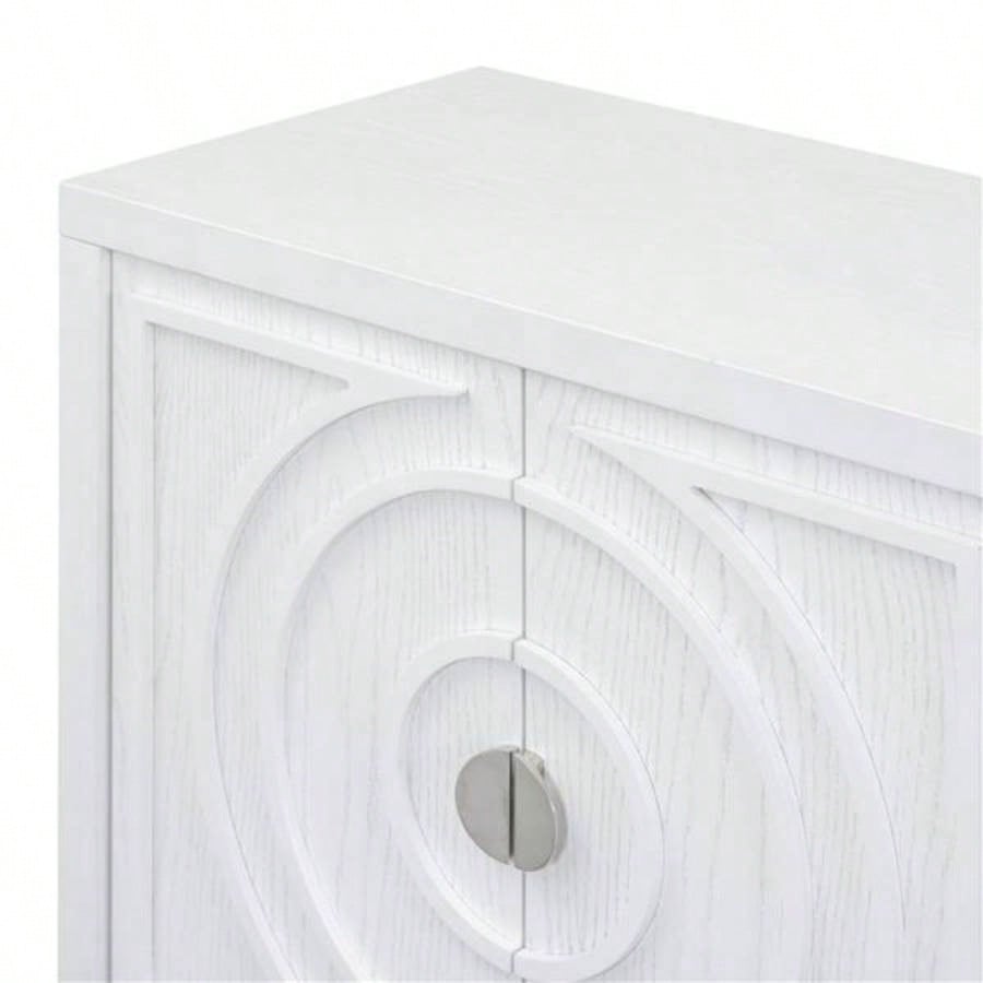 Retro Sideboard door with Circular Groove Design Round Metal Door Handle Entrance, Dinning Room, Living Room White