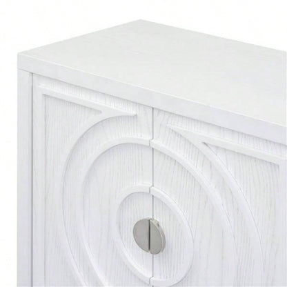 Retro Sideboard door with Circular Groove Design Round Metal Door Handle Entrance, Dinning Room, Living Room White
