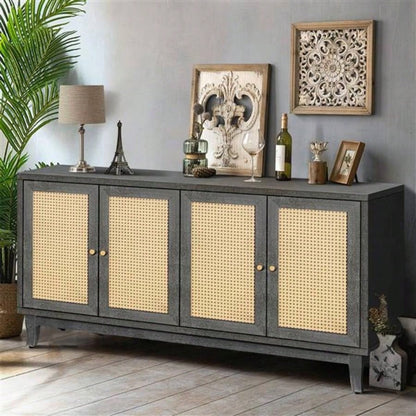 Handcrafted Premium Grain Panels, Rattan Sideboard Buffer Cabinet With 4 Rattan Doors, Modern Storage Cupboard Console Table with Adjustable Shelves Living RoomAntique Dark Gray