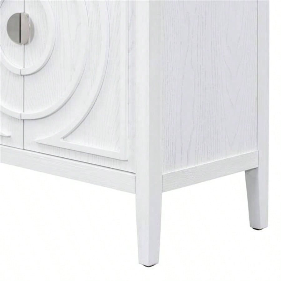 Retro Sideboard door with Circular Groove Design Round Metal Door Handle Entrance, Dinning Room, Living Room White