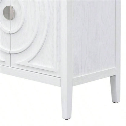 Retro Sideboard door with Circular Groove Design Round Metal Door Handle Entrance, Dinning Room, Living Room White
