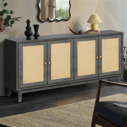 Handcrafted Premium Grain Panels, Rattan Sideboard Buffer Cabinet With 4 Rattan Doors, Modern Storage Cupboard Console Table with Adjustable Shelves Living RoomAntique Dark Gray
