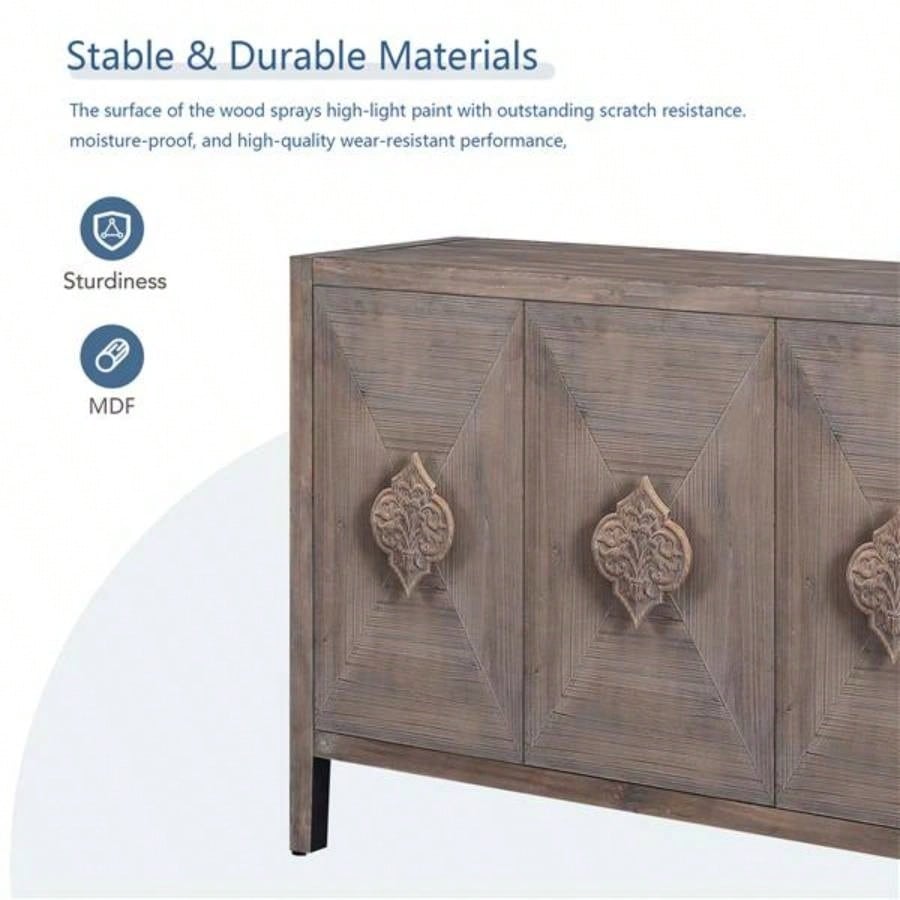 Carved Flower Door Handle, Antique Four Door Cabinet Living Room Kitchen Hallway Brown