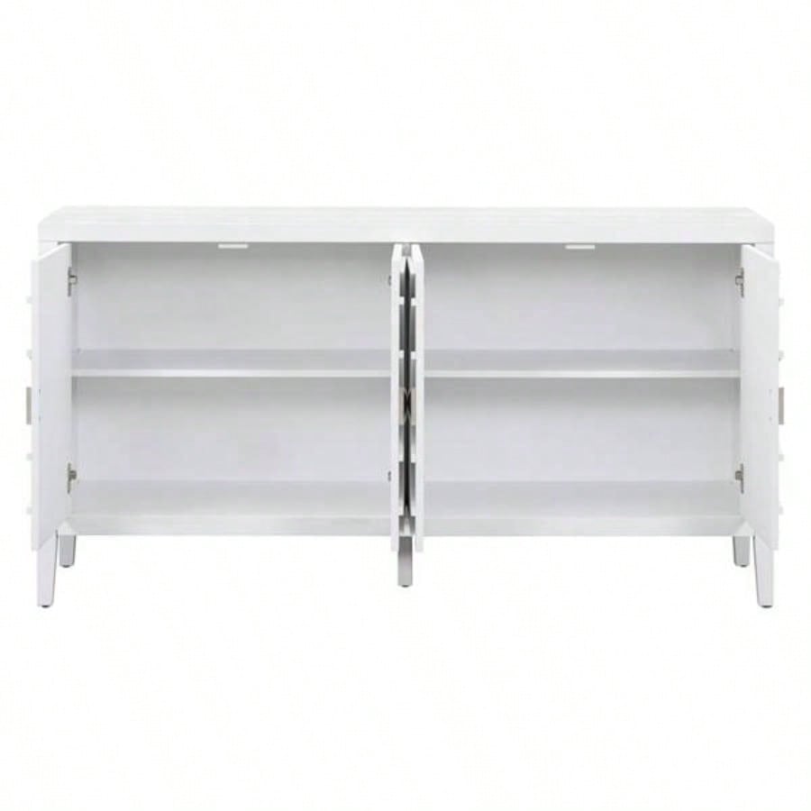 Retro Sideboard door with Circular Groove Design Round Metal Door Handle Entrance, Dinning Room, Living Room White