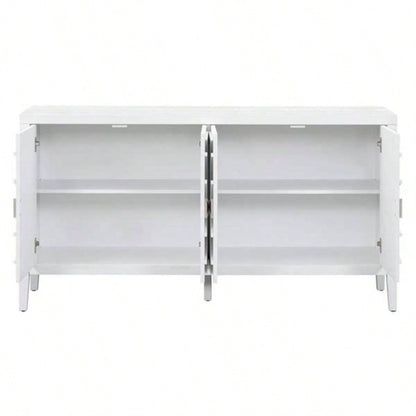 Retro Sideboard door with Circular Groove Design Round Metal Door Handle Entrance, Dinning Room, Living Room White
