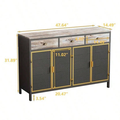 48 Wide 4 Doors Modern Sideboard with 3 Top Drawers, Sideboard Storage Cabinet Entryway Floor Cabinet Living Room Office Bedroom