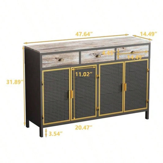 48 Wide 4 Doors Modern Sideboard with 3 Top Drawers, Sideboard Storage Cabinet Entryway Floor Cabinet Living Room Office Bedroom