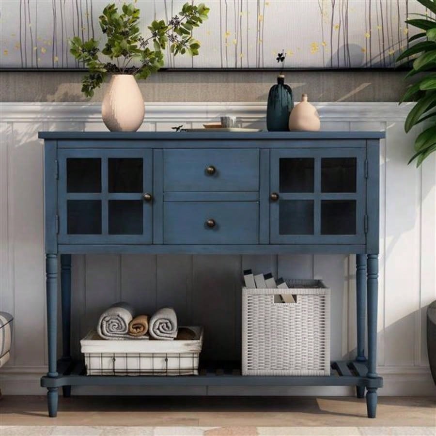Sideboard Console Table with Bottom Shelf, Farmhouse Wood/Glass Buffet Storage Cabinet Living Room Antique Navy