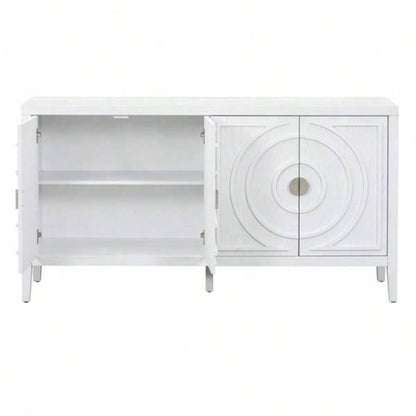 Retro Sideboard door with Circular Groove Design Round Metal Door Handle Entrance, Dinning Room, Living Room White