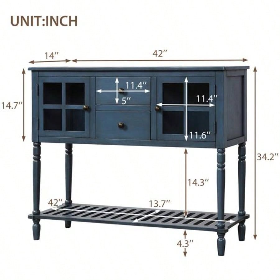 Sideboard Console Table with Bottom Shelf, Farmhouse Wood/Glass Buffet Storage Cabinet Living Room Antique Navy