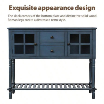 Sideboard Console Table with Bottom Shelf, Farmhouse Wood/Glass Buffet Storage Cabinet Living Room Antique Navy