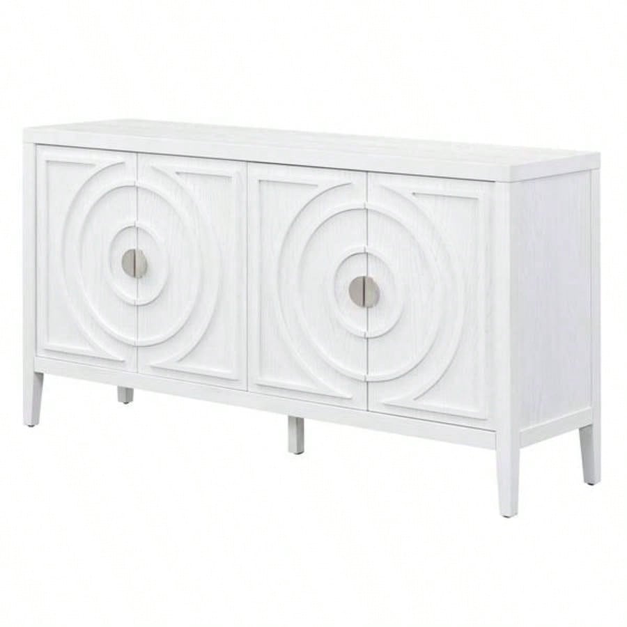 Retro Sideboard door with Circular Groove Design Round Metal Door Handle Entrance, Dinning Room, Living Room White