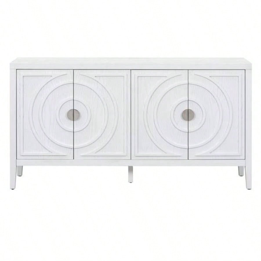 Retro Sideboard door with Circular Groove Design Round Metal Door Handle Entrance, Dinning Room, Living Room White