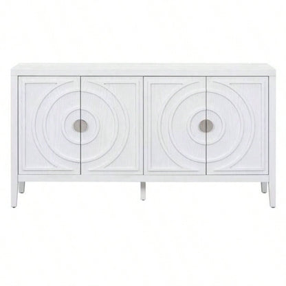 Retro Sideboard door with Circular Groove Design Round Metal Door Handle Entrance, Dinning Room, Living Room White