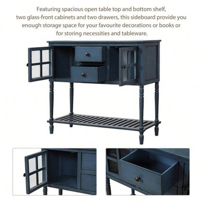 Sideboard Console Table with Bottom Shelf, Farmhouse Wood/Glass Buffet Storage Cabinet Living Room Antique Navy