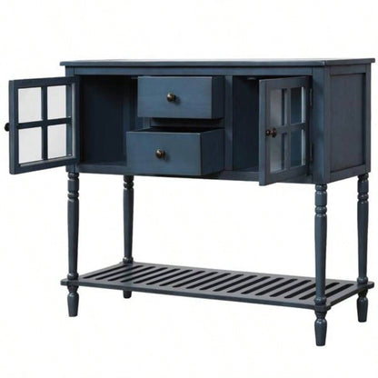 Sideboard Console Table with Bottom Shelf, Farmhouse Wood/Glass Buffet Storage Cabinet Living Room Antique Navy