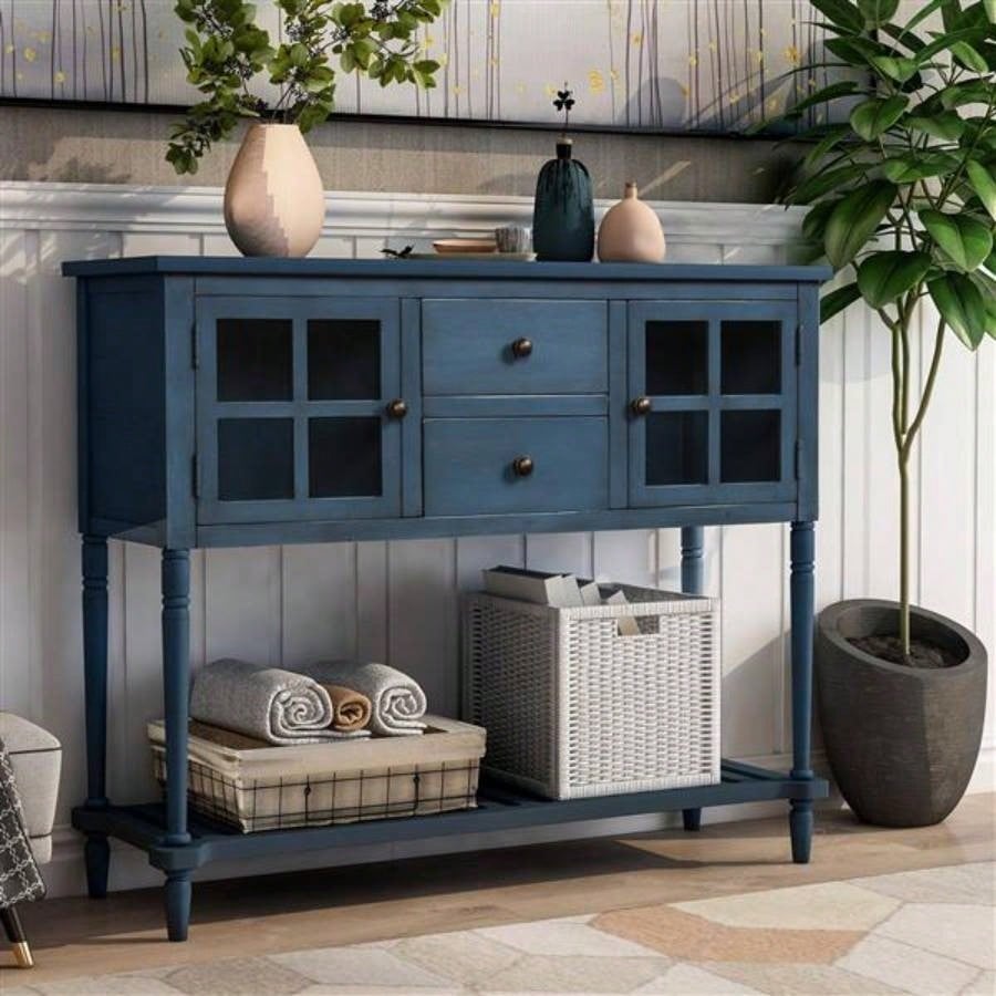 Sideboard Console Table with Bottom Shelf, Farmhouse Wood/Glass Buffet Storage Cabinet Living Room Antique Navy