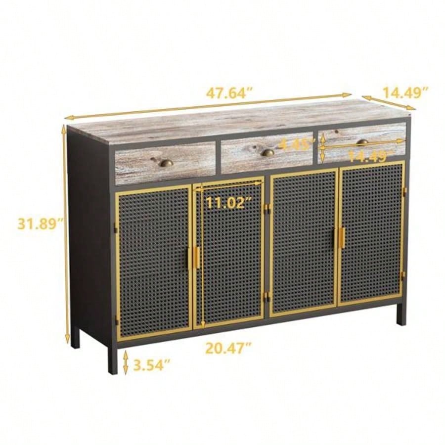 48 Wide 4 Doors Modern Sideboard with 3 Top Drawers, Sideboard Storage Cabinet Entryway Floor Cabinet Living Room Office Bedroom
