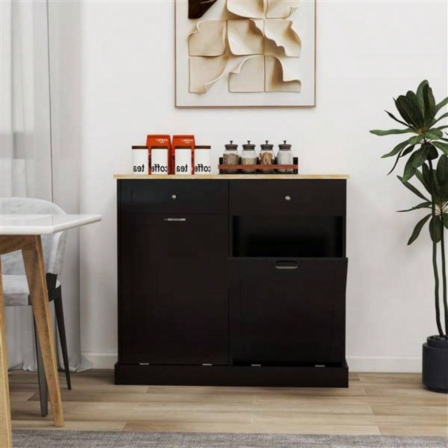 Two Drawers and Two - Compartment Tilt - Out Trash Cabinet Kitchen Trash Cabinet - Black