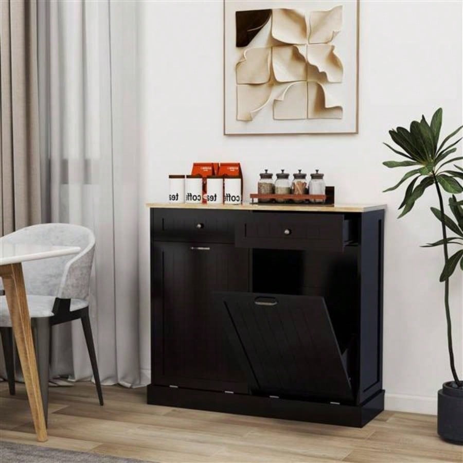 Two Drawers and Two - Compartment Tilt - Out Trash Cabinet Kitchen Trash Cabinet - Black