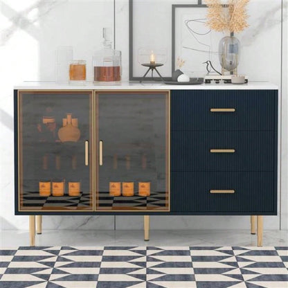 Modern Sideboard MDF Buffet Cabinet Marble Sticker Tabletop and Amber - yellow Tempered Glass Doors with Gold Metal Handles Navy Blue