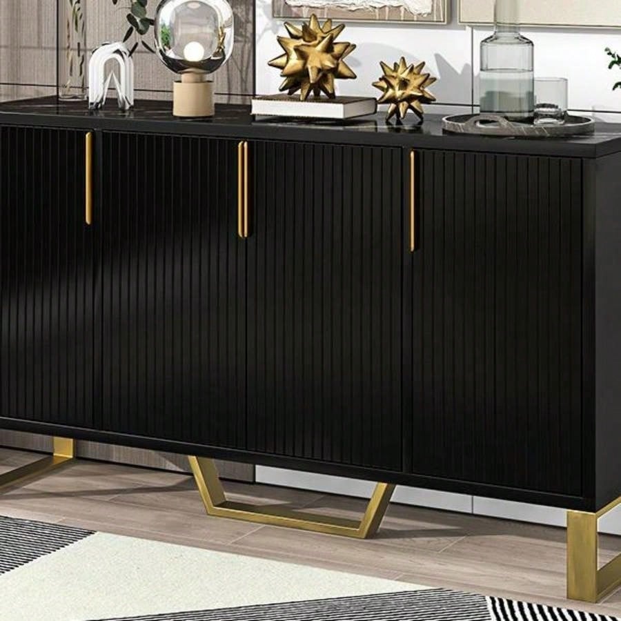 Modern sideboard with Four Doors, Metal handles and Adjustable Shelves Kitchen Cabinet Black