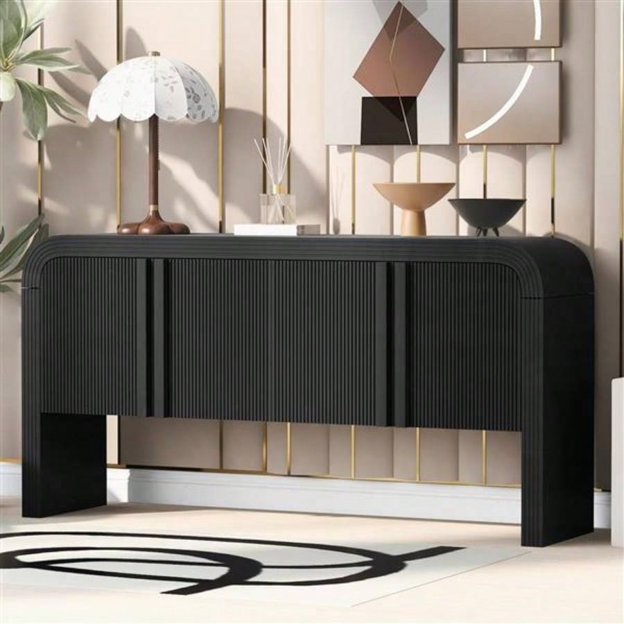 Striped Storage Cabinet with 4 Doors, Adjustable, Suitable Study, Entrance and Living Room
