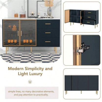 Modern Sideboard MDF Buffet Cabinet Marble Sticker Tabletop and Amber - yellow Tempered Glass Doors with Gold Metal Handles Navy Blue