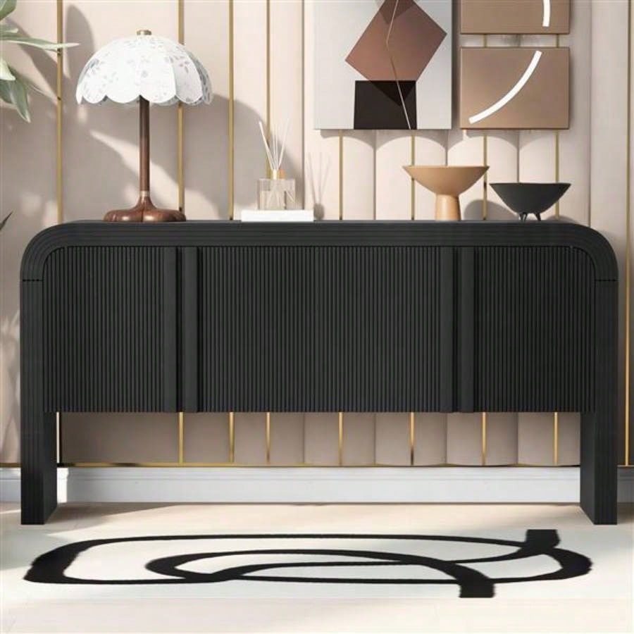 Striped Storage Cabinet with 4 Doors, Adjustable, Suitable Study, Entrance and Living Room