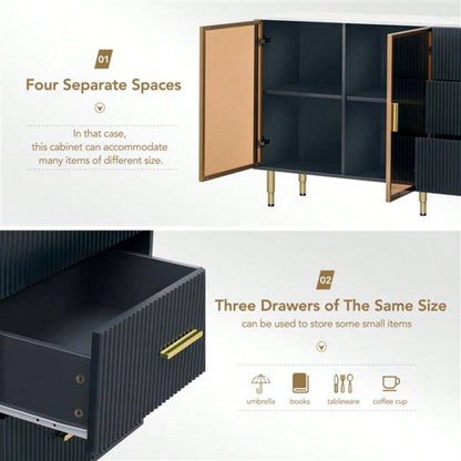 Modern Sideboard MDF Buffet Cabinet Marble Sticker Tabletop and Amber - yellow Tempered Glass Doors with Gold Metal Handles Navy Blue