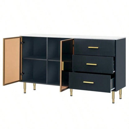 Modern Sideboard MDF Buffet Cabinet Marble Sticker Tabletop and Amber - yellow Tempered Glass Doors with Gold Metal Handles Navy Blue