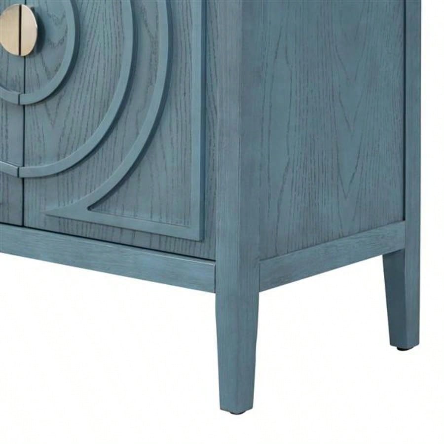 Retro Sideboard door with Circular Groove Design Round Metal Door Handle Entrance, Dinning Room, Living Room Antique Blue