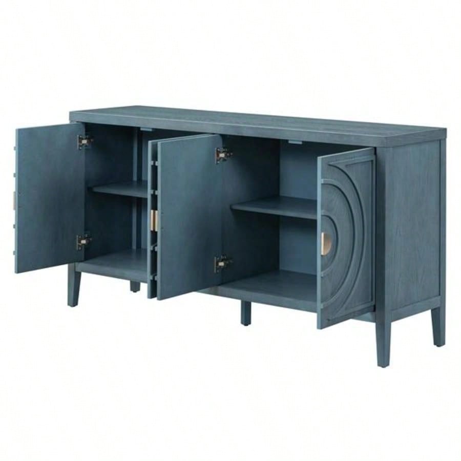 Retro Sideboard door with Circular Groove Design Round Metal Door Handle Entrance, Dinning Room, Living Room Antique Blue