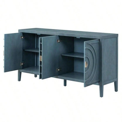 Retro Sideboard door with Circular Groove Design Round Metal Door Handle Entrance, Dinning Room, Living Room Antique Blue
