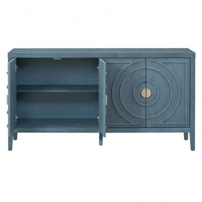 Retro Sideboard door with Circular Groove Design Round Metal Door Handle Entrance, Dinning Room, Living Room Antique Blue