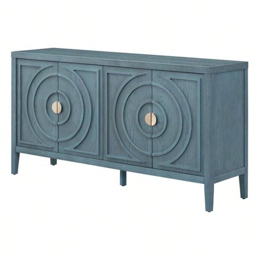 Retro Sideboard door with Circular Groove Design Round Metal Door Handle Entrance, Dinning Room, Living Room Antique Blue