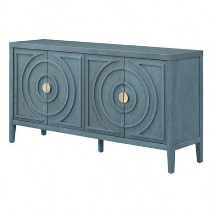 Retro Sideboard door with Circular Groove Design Round Metal Door Handle Entrance, Dinning Room, Living Room Antique Blue