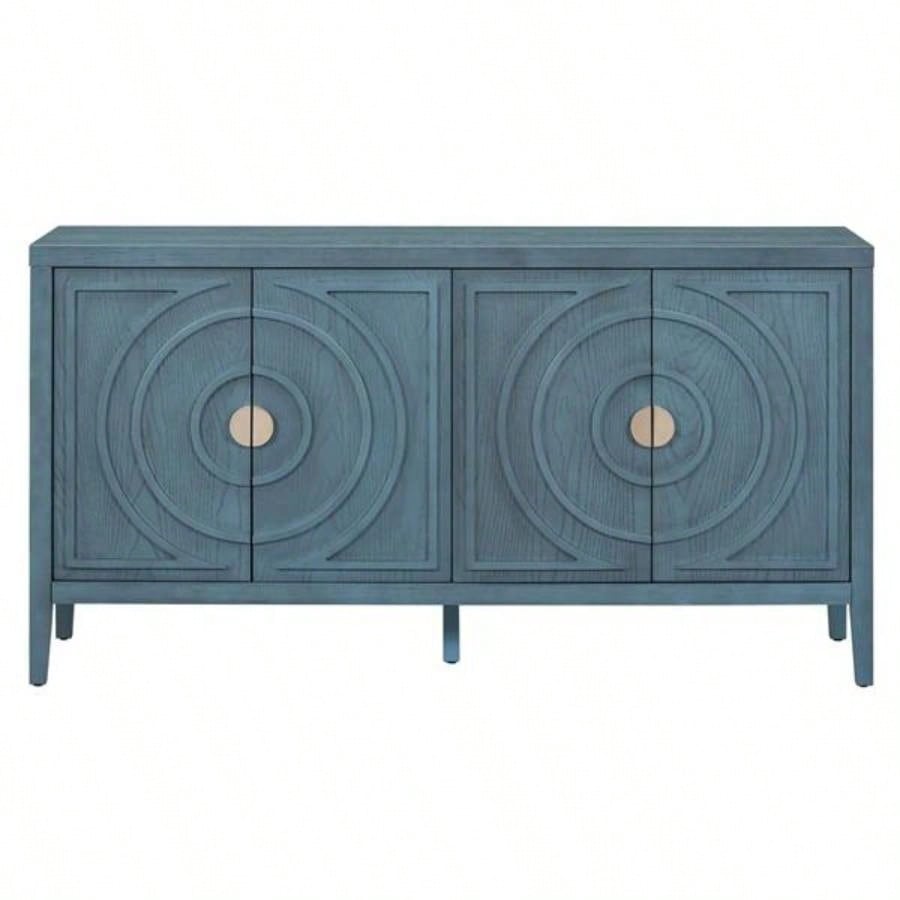 Retro Sideboard door with Circular Groove Design Round Metal Door Handle Entrance, Dinning Room, Living Room Antique Blue
