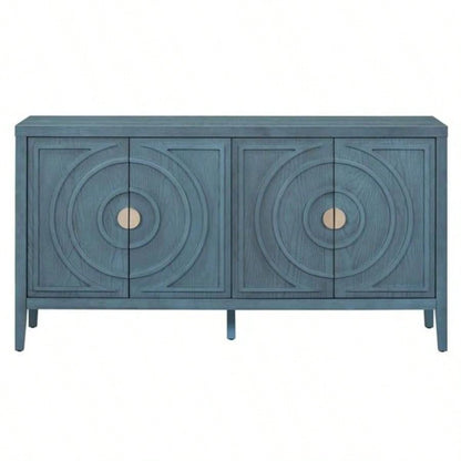 Retro Sideboard door with Circular Groove Design Round Metal Door Handle Entrance, Dinning Room, Living Room Antique Blue