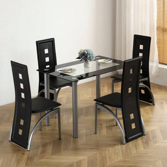 5 Pieces Dining Table Set 4, Kitchen Room Tempered Glass Dining Table, 4 Chairs, Black Table are silvery code 82947862