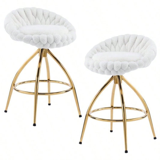 2pcs Teddy Velvet Gold - plated Iron Feet Bar Stool Weaving Style White With Swivel