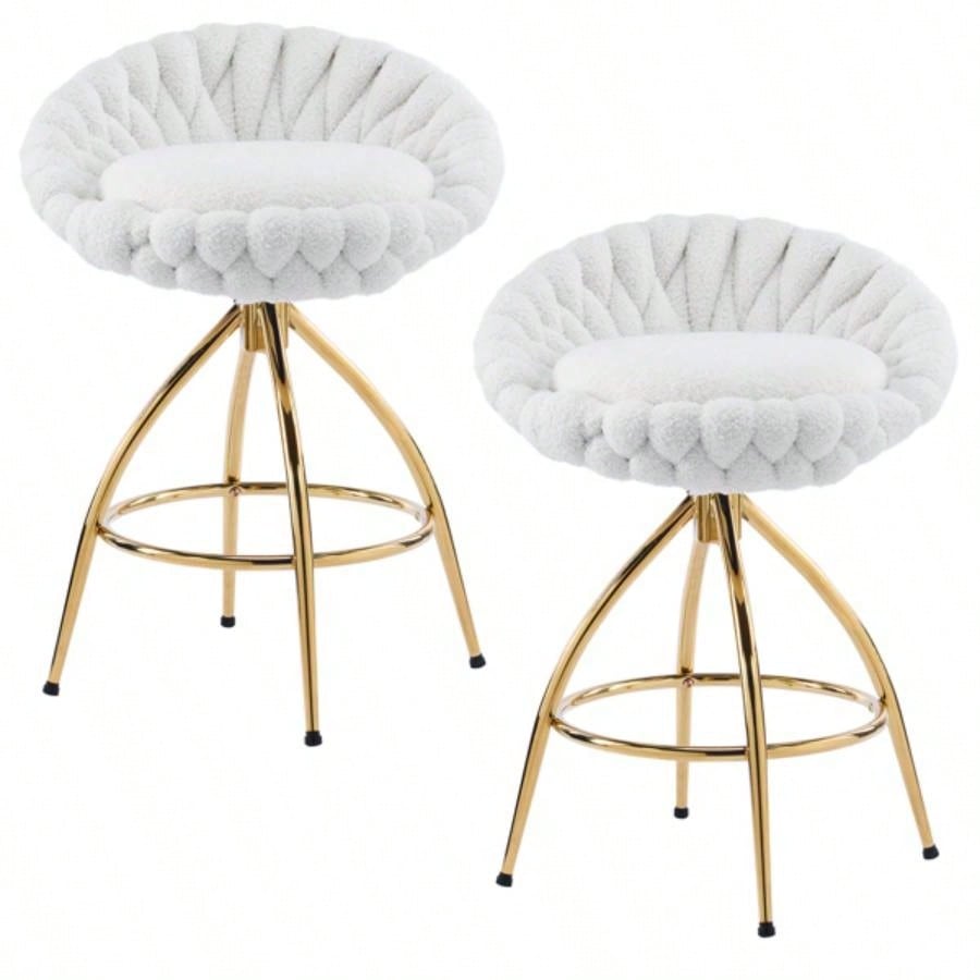 2pcs Teddy Velvet Gold - plated Iron Feet Bar Stool Weaving Style White With Swivel