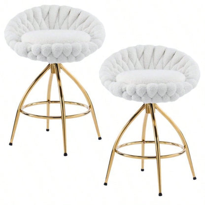 2pcs Teddy Velvet Gold - plated Iron Feet Bar Stool Weaving Style White With Swivel