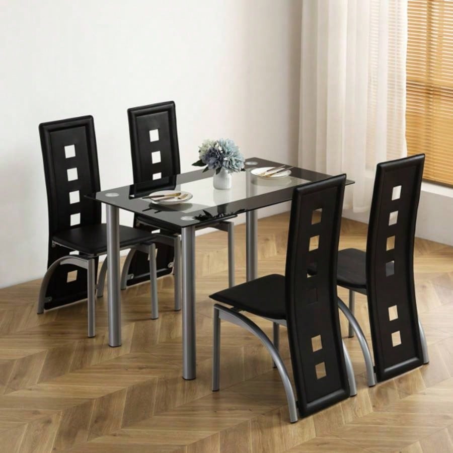 5 Pieces Dining Table Set 4, Kitchen Room Tempered Glass Dining Table, 4 Chairs, Black Table are silvery code 82947862