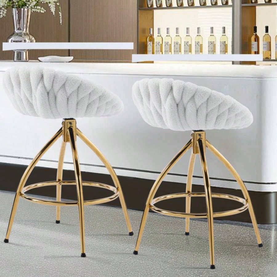 2pcs Teddy Velvet Gold - plated Iron Feet Bar Stool Weaving Style White With Swivel