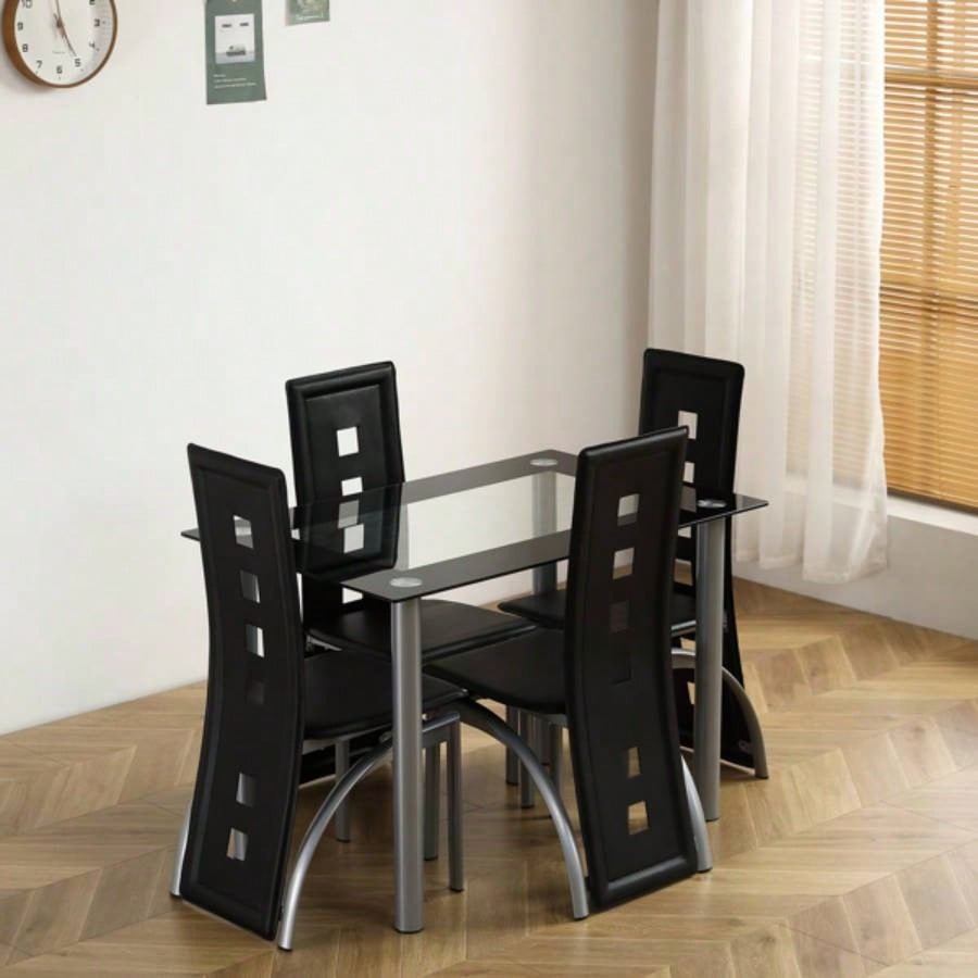 5 Pieces Dining Table Set 4, Kitchen Room Tempered Glass Dining Table, 4 Chairs, Black Table are silvery code 82947862
