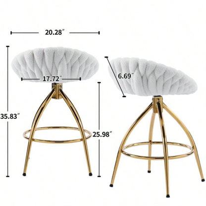 2pcs Teddy Velvet Gold - plated Iron Feet Bar Stool Weaving Style White With Swivel