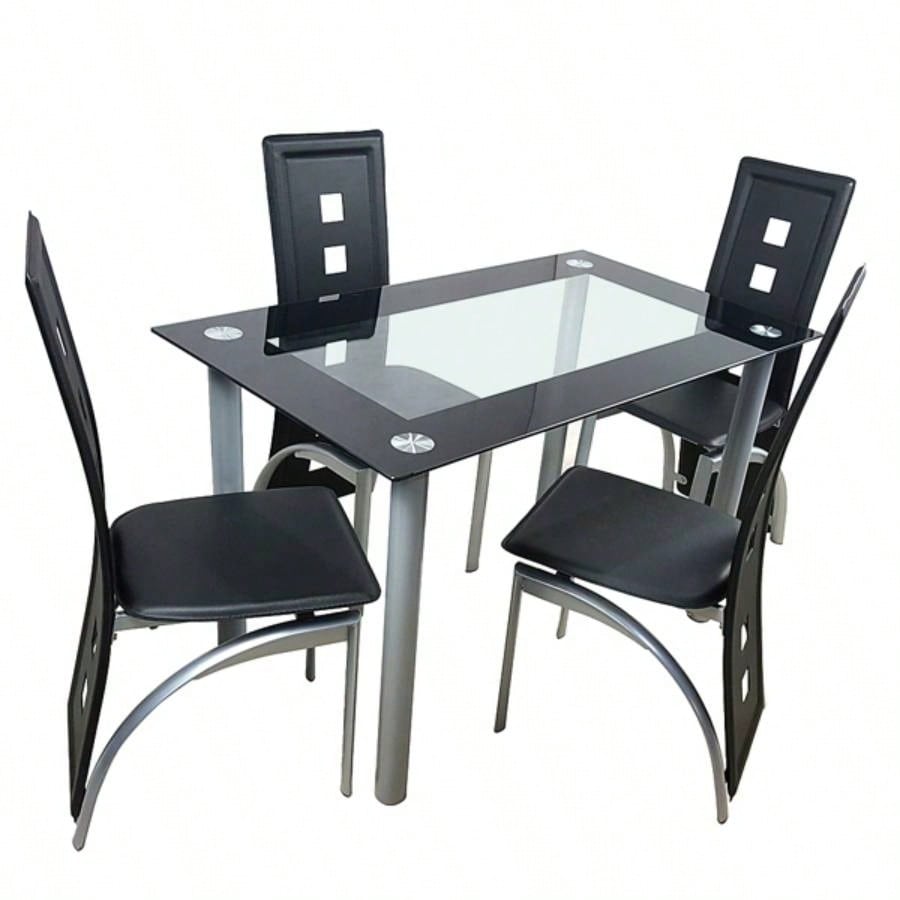5 Pieces Dining Table Set 4, Kitchen Room Tempered Glass Dining Table, 4 Chairs, Black Table are silvery code 82947862