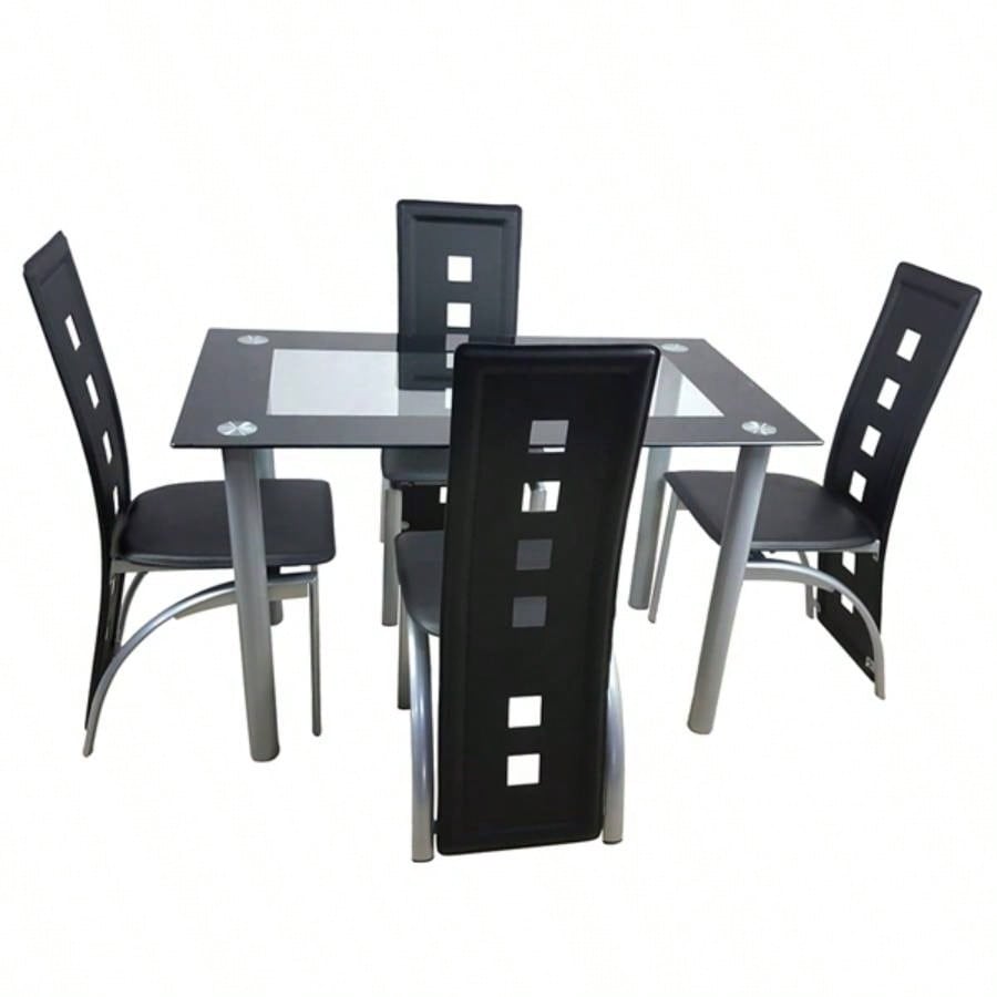 5 Pieces Dining Table Set 4, Kitchen Room Tempered Glass Dining Table, 4 Chairs, Black Table are silvery code 82947862